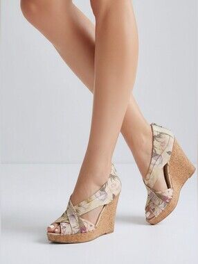 ALDO Floral Cork Wedge Sandals – Platform Peep Toe Heels Size 6